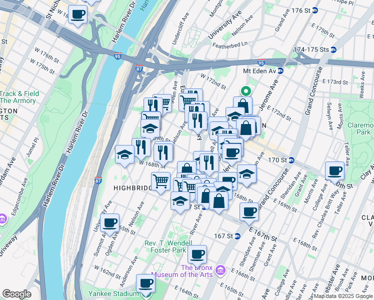 map of restaurants, bars, coffee shops, grocery stores, and more near 1277 Shakespeare Avenue in Bronx