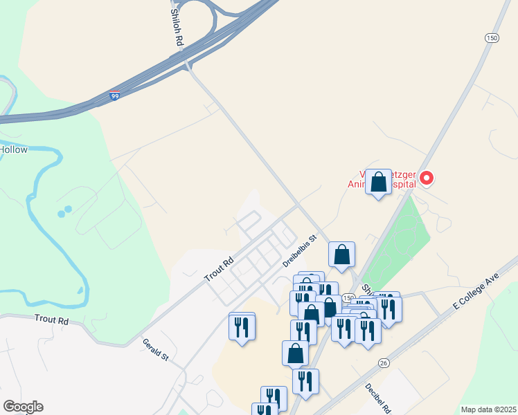 map of restaurants, bars, coffee shops, grocery stores, and more near 1533 Trout Road in State College