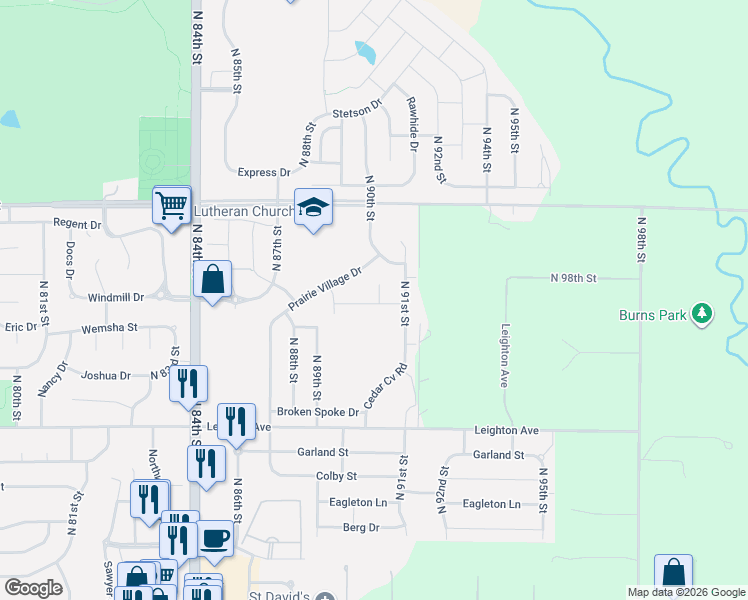 map of restaurants, bars, coffee shops, grocery stores, and more near 8933 Prairie Village Court in Lincoln