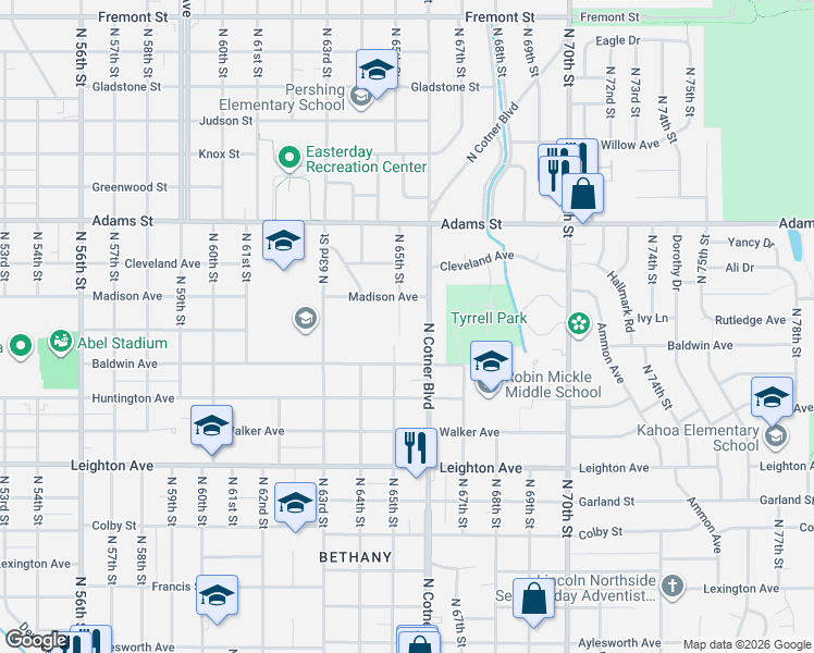 map of restaurants, bars, coffee shops, grocery stores, and more near 2635 North 65th Street in Lincoln
