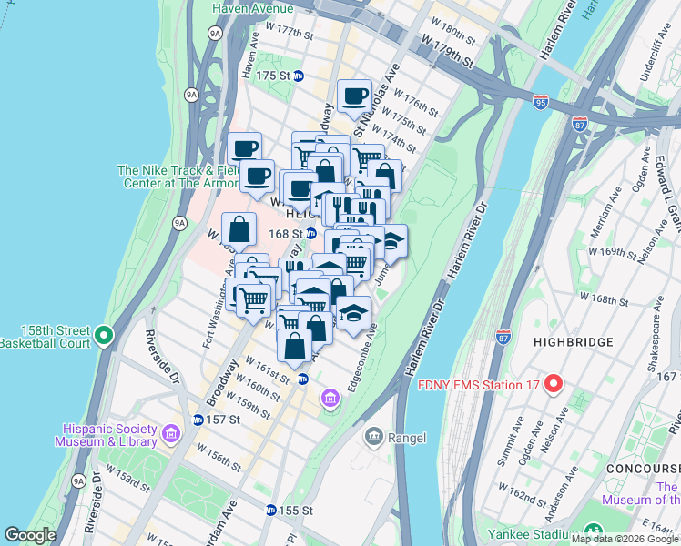 map of restaurants, bars, coffee shops, grocery stores, and more near 504 West 167th Street in New York