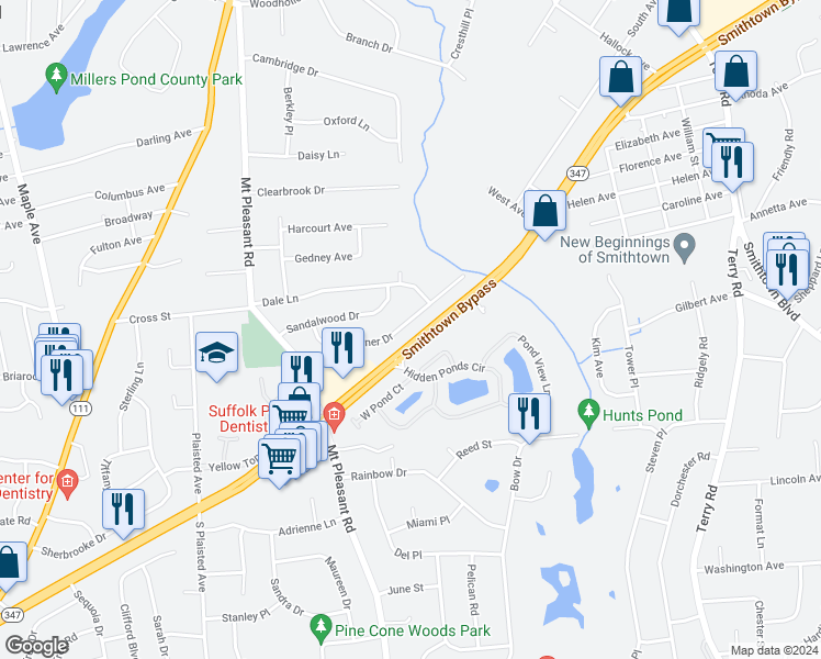 map of restaurants, bars, coffee shops, grocery stores, and more near 32A Brilner Drive in Smithtown