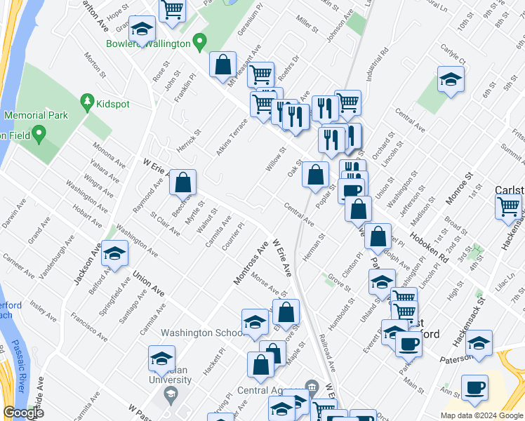 map of restaurants, bars, coffee shops, grocery stores, and more near 96 Oak Street in East Rutherford