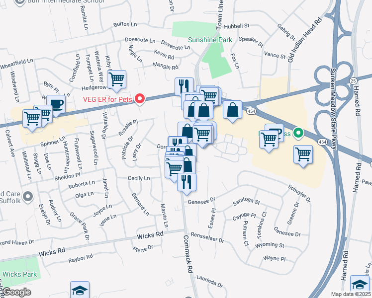 map of restaurants, bars, coffee shops, grocery stores, and more near 149 Commack Road in Commack