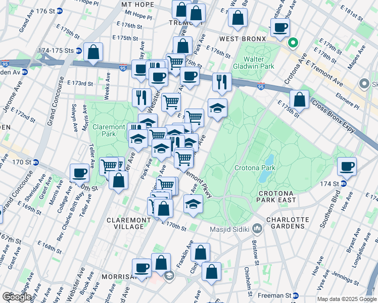 map of restaurants, bars, coffee shops, grocery stores, and more near in The Bronx