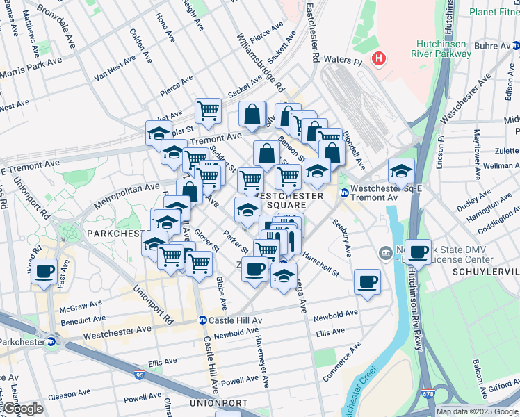 map of restaurants, bars, coffee shops, grocery stores, and more near Glebe Ave & Rowland St in Bronx