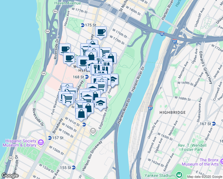 map of restaurants, bars, coffee shops, grocery stores, and more near 21 Jumel Place in New York