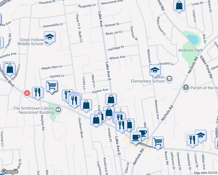 map of restaurants, bars, coffee shops, grocery stores, and more near 356 Lake Avenue South in Nesconset