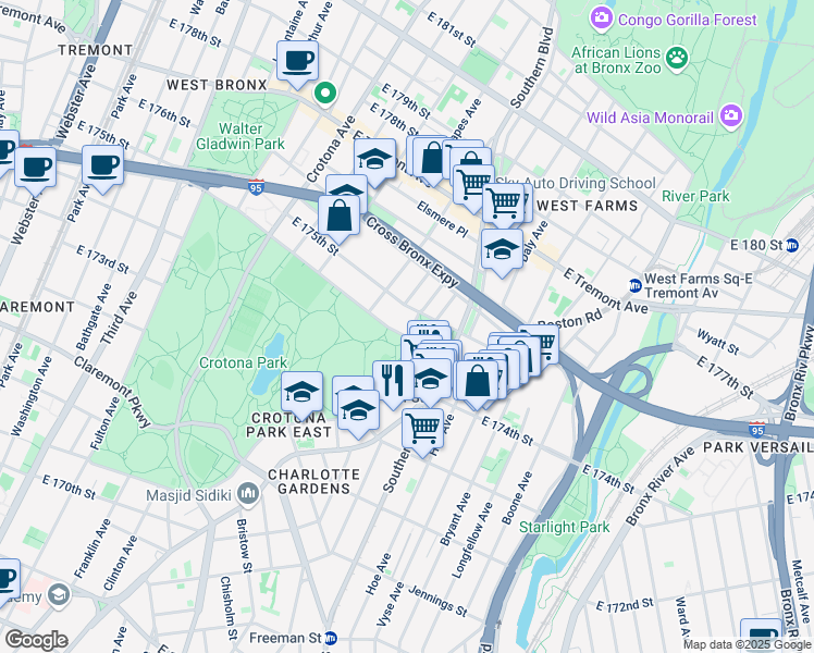 map of restaurants, bars, coffee shops, grocery stores, and more near 3 Crotona Park North in Bronx