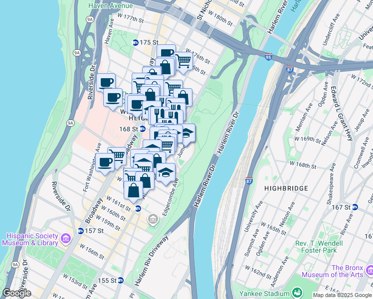 map of restaurants, bars, coffee shops, grocery stores, and more near 21 Jumel Place in New York