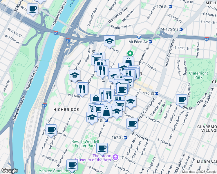 map of restaurants, bars, coffee shops, grocery stores, and more near 1331 Cromwell Avenue in Bronx