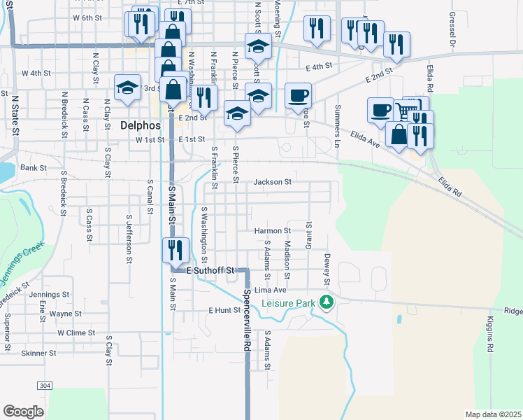 map of restaurants, bars, coffee shops, grocery stores, and more near 3 Cleveland Ct in Delphos