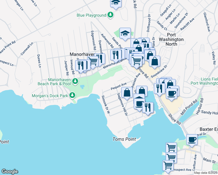 map of restaurants, bars, coffee shops, grocery stores, and more near 39 Pequot Avenue in Port Washington