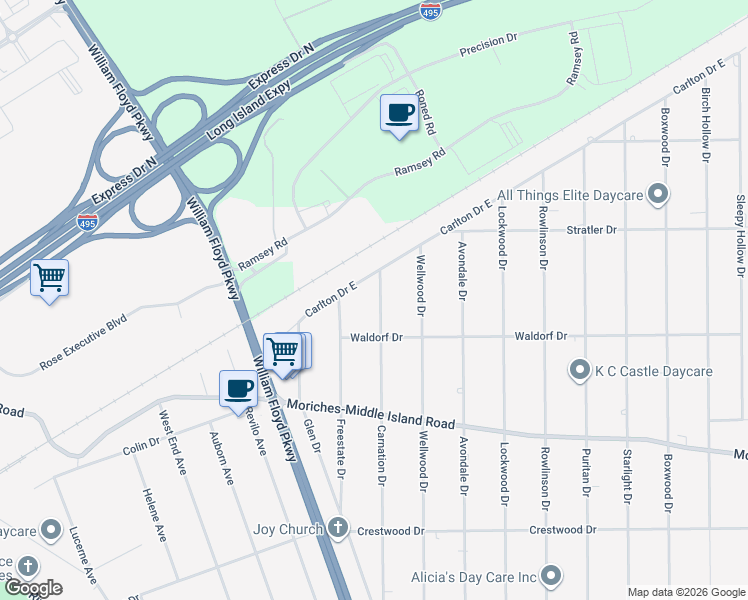 map of restaurants, bars, coffee shops, grocery stores, and more near 493 Carnation Drive in Shirley