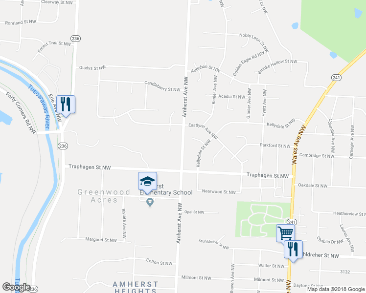map of restaurants, bars, coffee shops, grocery stores, and more near 4022 Amherst Avenue Northwest in Massillon