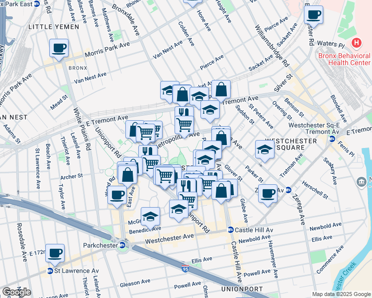 map of restaurants, bars, coffee shops, grocery stores, and more near 1595 Odell Street in Bronx