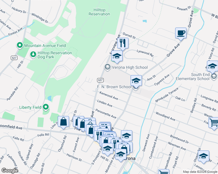map of restaurants, bars, coffee shops, grocery stores, and more near 48 Kenwood Avenue in Verona
