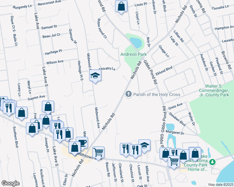 map of restaurants, bars, coffee shops, grocery stores, and more near 84 Nichols Road in Nesconset