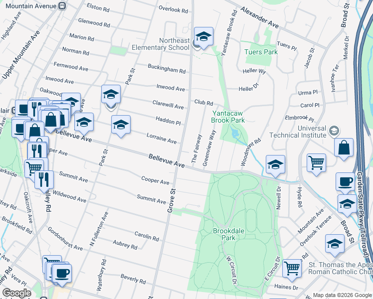map of restaurants, bars, coffee shops, grocery stores, and more near 6 The Fairway in Montclair