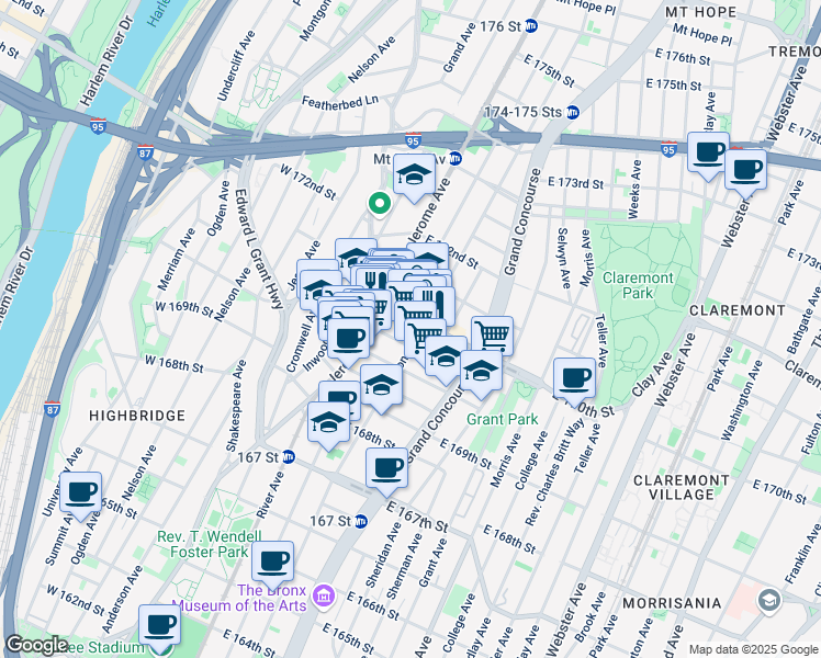 map of restaurants, bars, coffee shops, grocery stores, and more near 38 Elliot Place in The Bronx