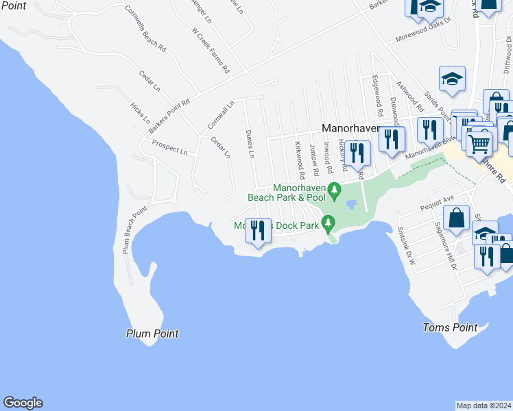 map of restaurants, bars, coffee shops, grocery stores, and more near Oldwood Road South in Port Washington