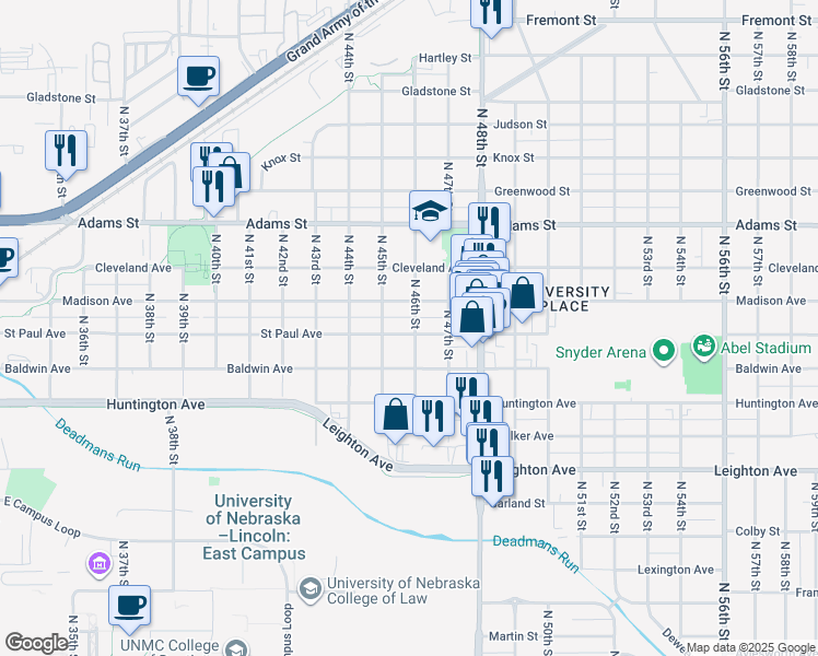 map of restaurants, bars, coffee shops, grocery stores, and more near 4519 Saint Paul Avenue in Lincoln