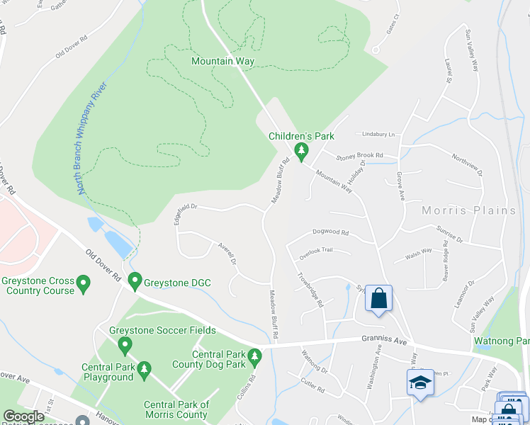 map of restaurants, bars, coffee shops, grocery stores, and more near Meadow Bluff Road & Edgefield Drive in Morris Plains