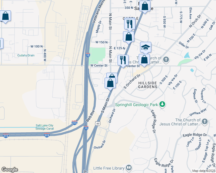 map of restaurants, bars, coffee shops, grocery stores, and more near 154 U.S. 89 in North Salt Lake