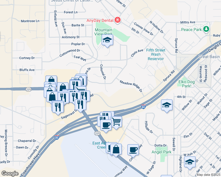 map of restaurants, bars, coffee shops, grocery stores, and more near 2085 Colonial Drive in Elko