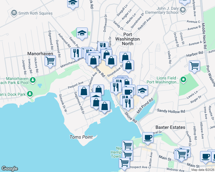 map of restaurants, bars, coffee shops, grocery stores, and more near 42 Sintsink Drive East in Port Washington