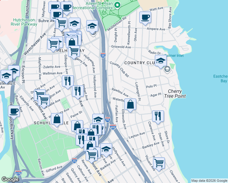map of restaurants, bars, coffee shops, grocery stores, and more near 3137 Waterbury Avenue in Bronx