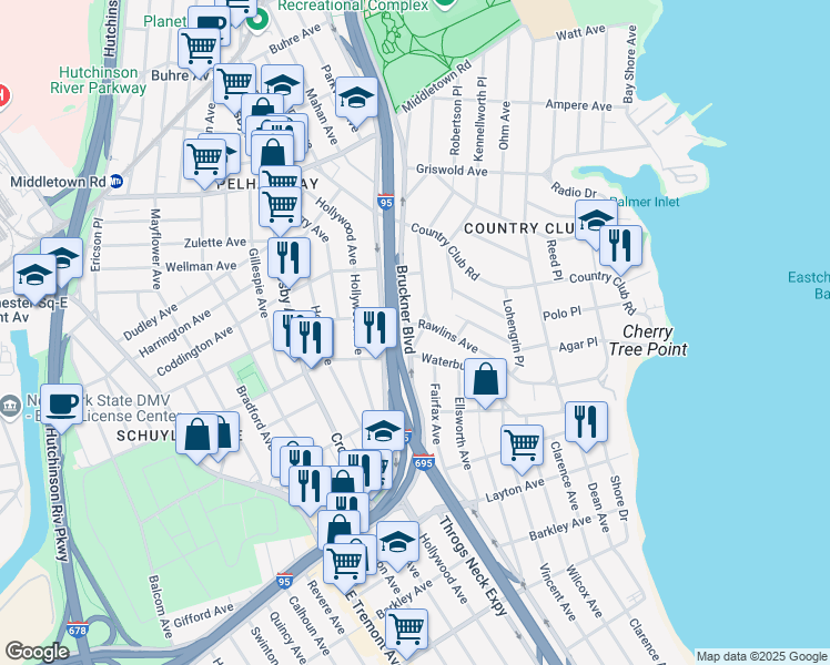 map of restaurants, bars, coffee shops, grocery stores, and more near 3137 Waterbury Avenue in Bronx