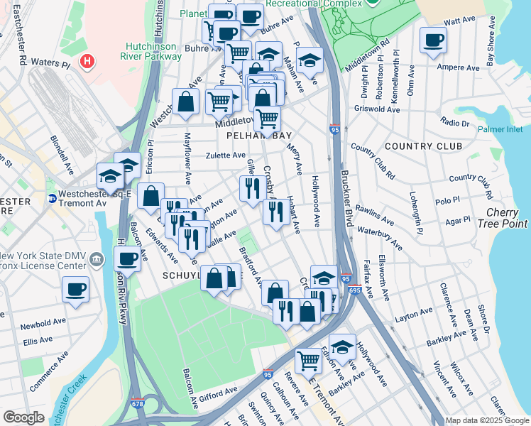 map of restaurants, bars, coffee shops, grocery stores, and more near 1328 Gillespie Avenue in The Bronx