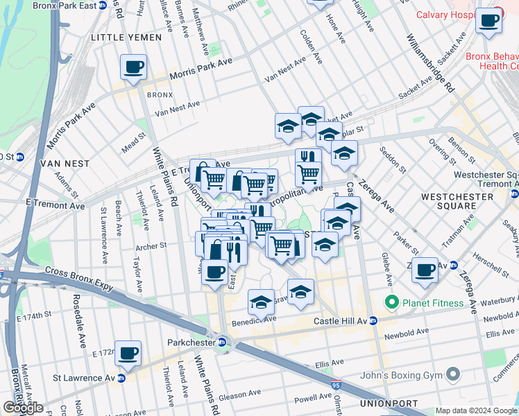 map of restaurants, bars, coffee shops, grocery stores, and more near 1504 Metropolitan Avenue in Bronx