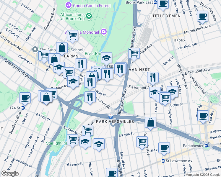 map of restaurants, bars, coffee shops, grocery stores, and more near 1176 East 178th Street in Bronx