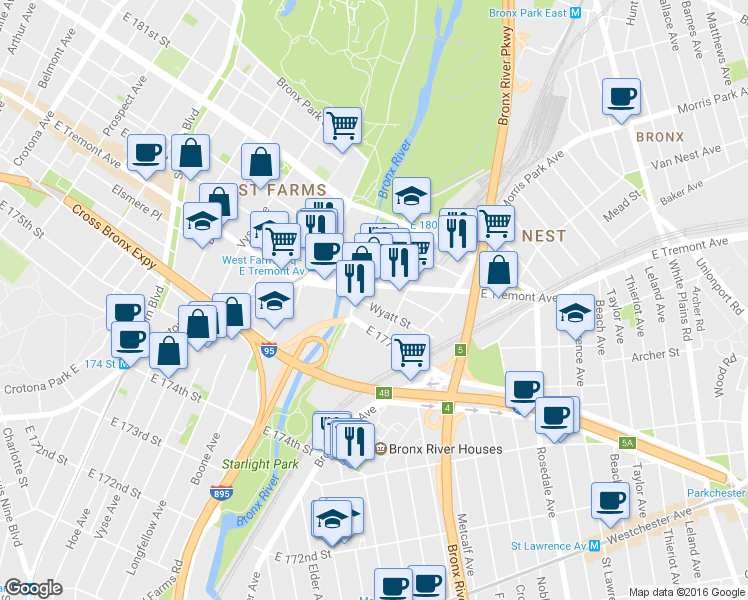 map of restaurants, bars, coffee shops, grocery stores, and more near in Bronx