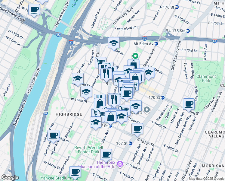 map of restaurants, bars, coffee shops, grocery stores, and more near 1307 Edward L Grant Highway in Bronx
