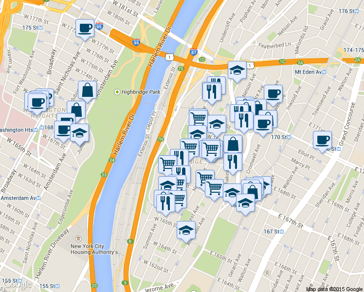 map of restaurants, bars, coffee shops, grocery stores, and more near 1247 Doctor Martin Luther King Junior Boulevard in The Bronx