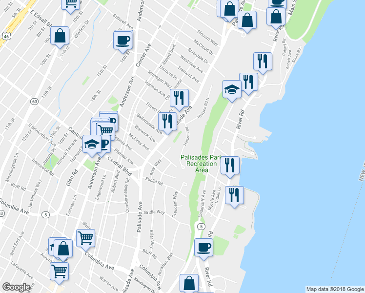 map of restaurants, bars, coffee shops, grocery stores, and more near 2 Horizon Road in Fort Lee