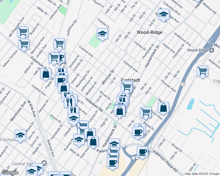 map of restaurants, bars, coffee shops, grocery stores, and more near 410 2nd Street in Carlstadt