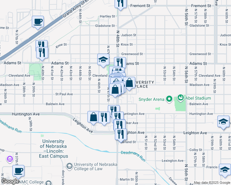 map of restaurants, bars, coffee shops, grocery stores, and more near 2639 North 48th Street in Lincoln