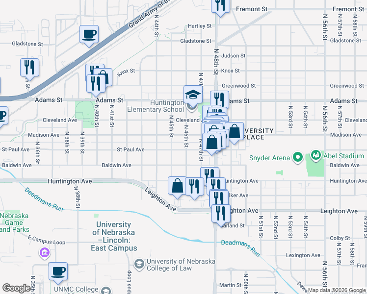 map of restaurants, bars, coffee shops, grocery stores, and more near 4519 Saint Paul Avenue in Lincoln