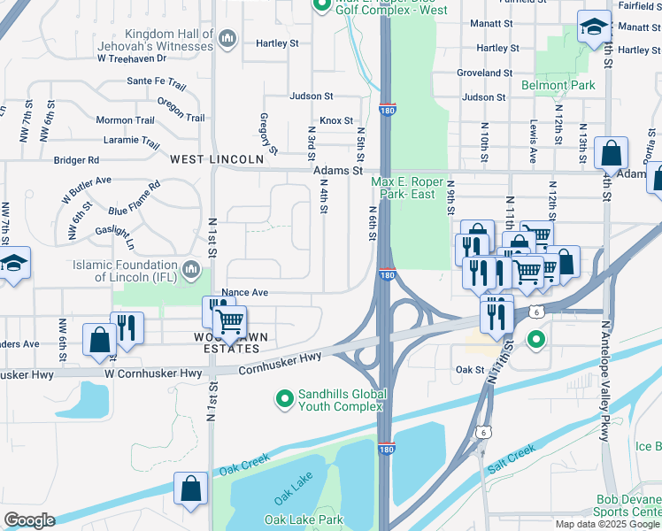 map of restaurants, bars, coffee shops, grocery stores, and more near 2611 North 5th Street in Lincoln