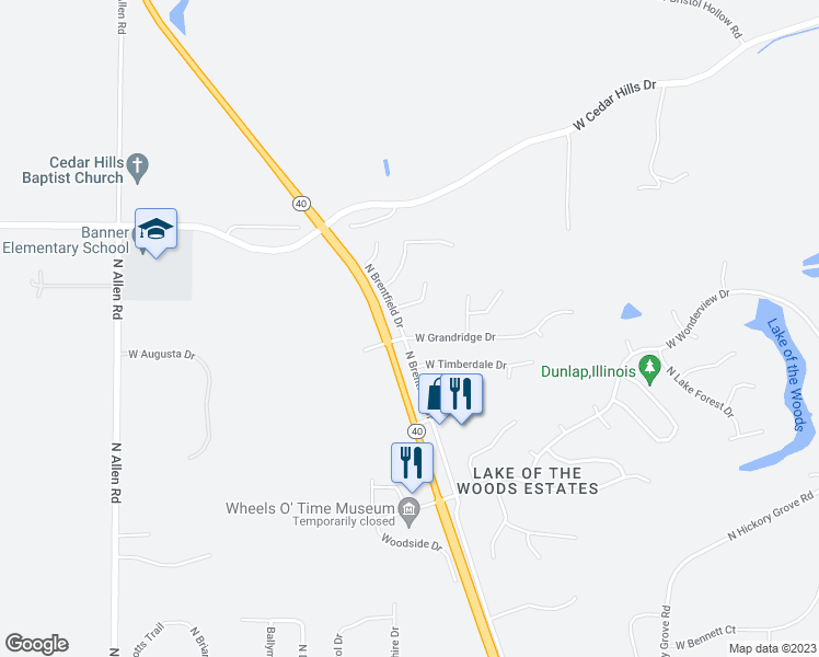 map of restaurants, bars, coffee shops, grocery stores, and more near 12404 North Brentfield Drive in Dunlap