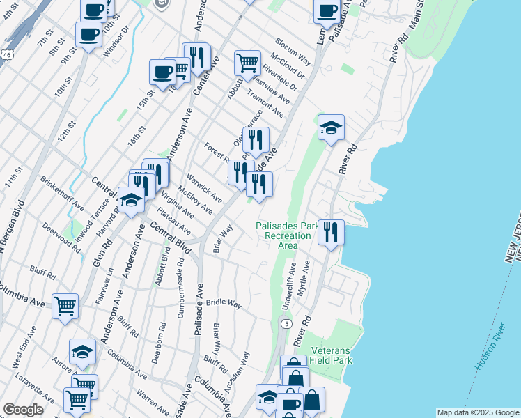 map of restaurants, bars, coffee shops, grocery stores, and more near 2 Horizon Road in Fort Lee