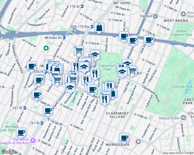 map of restaurants, bars, coffee shops, grocery stores, and more near 1487 Teller Avenue in The Bronx