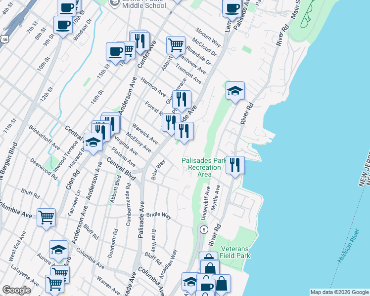 map of restaurants, bars, coffee shops, grocery stores, and more near 2 Horizon Road in Fort Lee