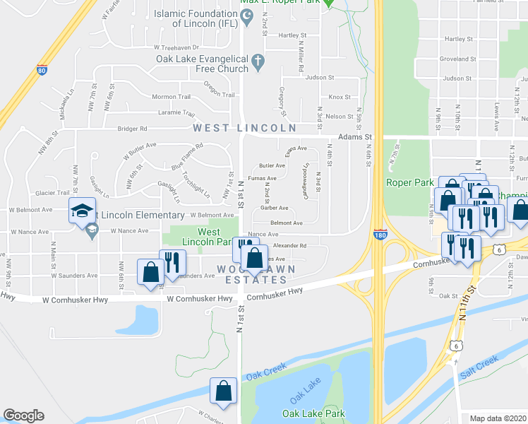 map of restaurants, bars, coffee shops, grocery stores, and more near 209 Garber Avenue in Lincoln
