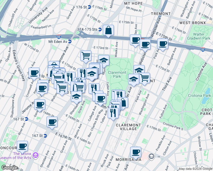 map of restaurants, bars, coffee shops, grocery stores, and more near 1464 College Avenue in Bronx