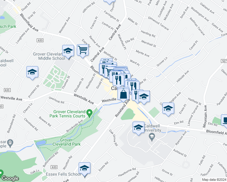 map of restaurants, bars, coffee shops, grocery stores, and more near 12 Brookside Avenue in Caldwell